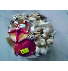 НАБОР РАКУШЕКв плетеной корзине (с кораллом ,размер 6"  15см) SHELLPACK BASKET 6" W/ FLOWER
 опт от 2шт